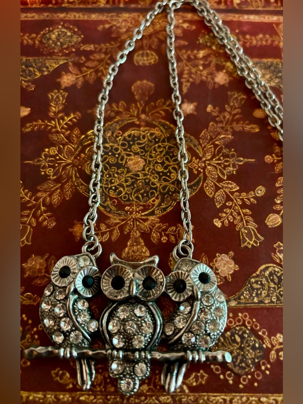 Vintage Triple Owl Rhinestone Necklace Silver Tone Crystal Pendant Jewelry